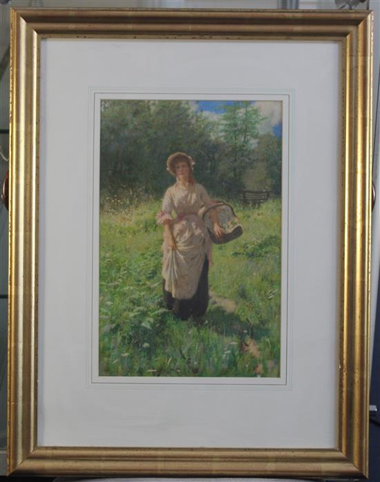 Percy Tarrant (1879-1930) Woman carrying a basket in a meadow, 14.5 x 9.5in.